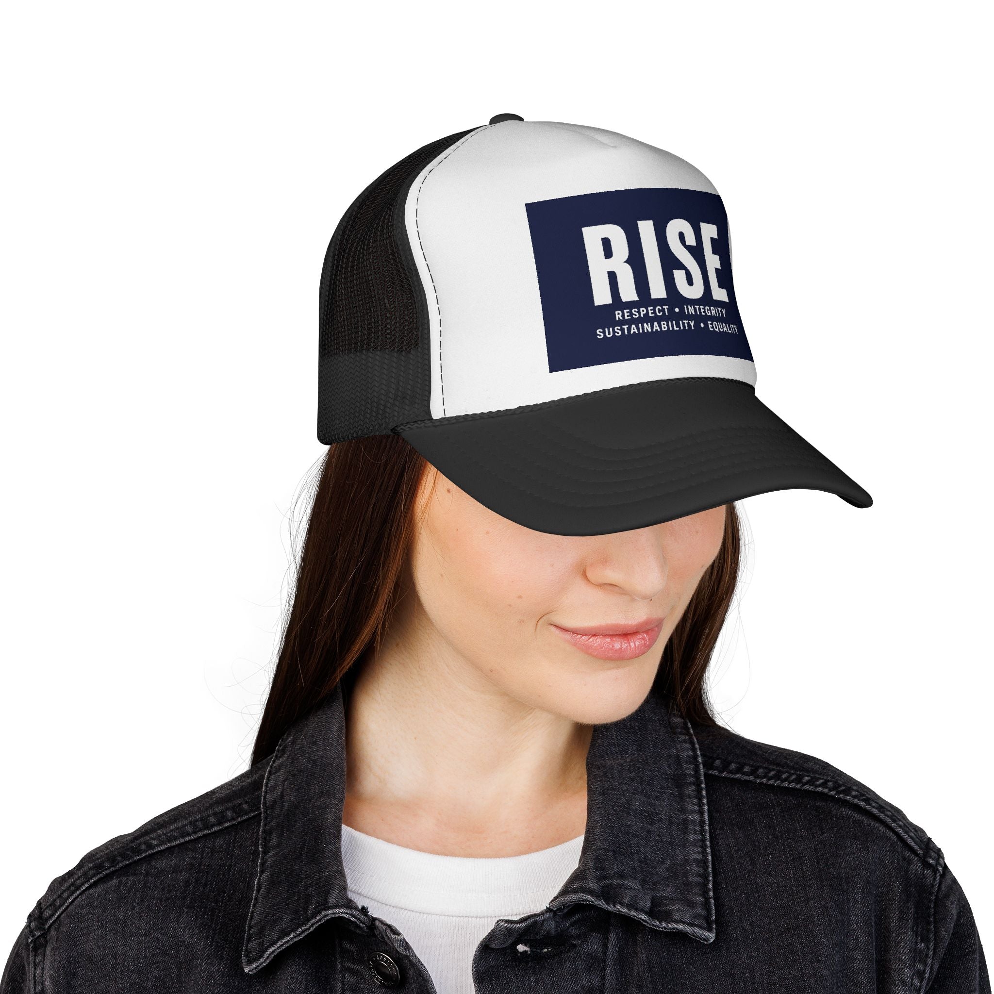 Mesh Snapback Hat with 'Respect • Integrity • Sustainability • Equality' Rectangle Logo